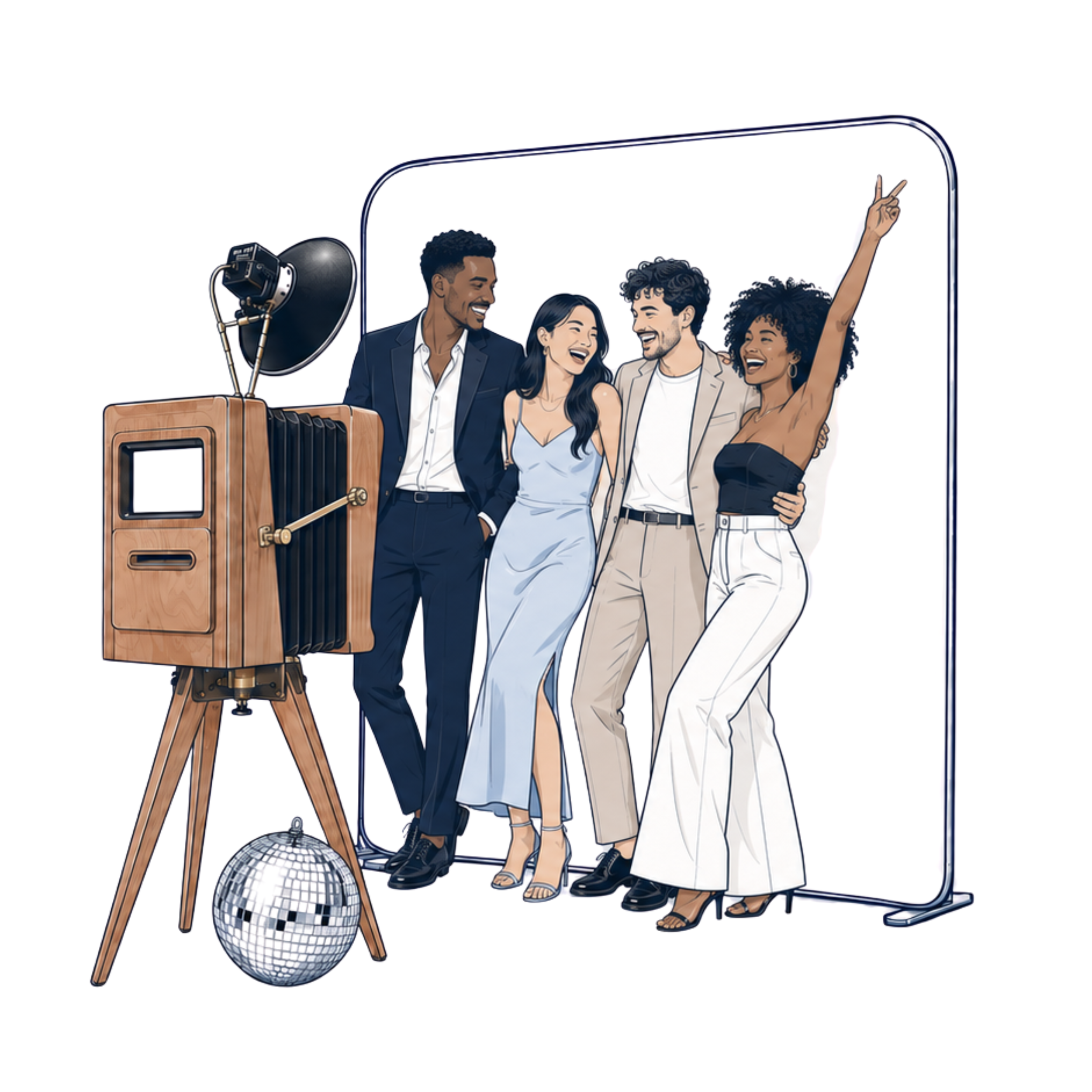 A group of four diverse friends smiling and laughing at a photo booth, with one woman making a peace sign, a vintage camera on a tripod, and a disco ball in the foreground.