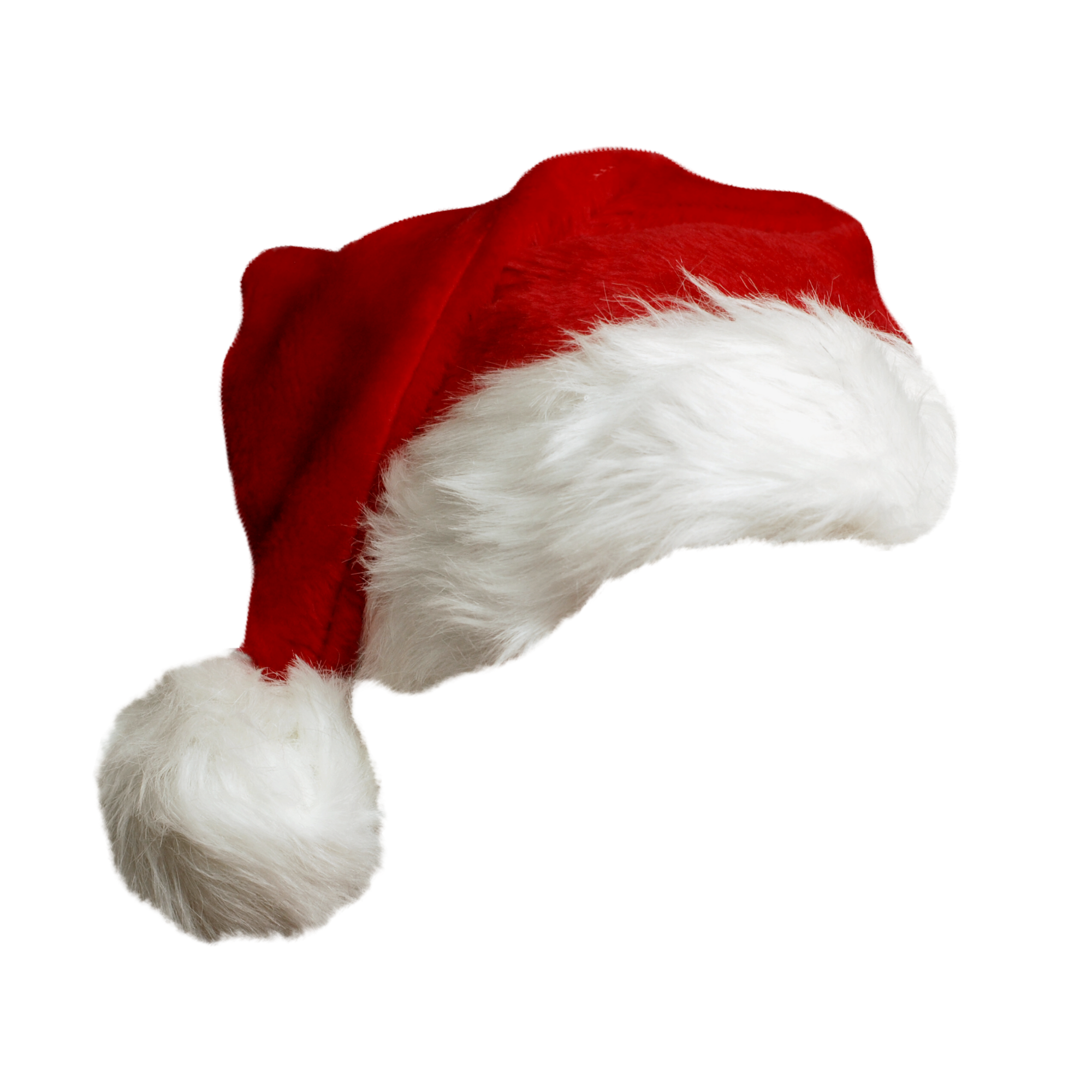 Close-up of a Santa hat showing red fabric with white fluffy trim.