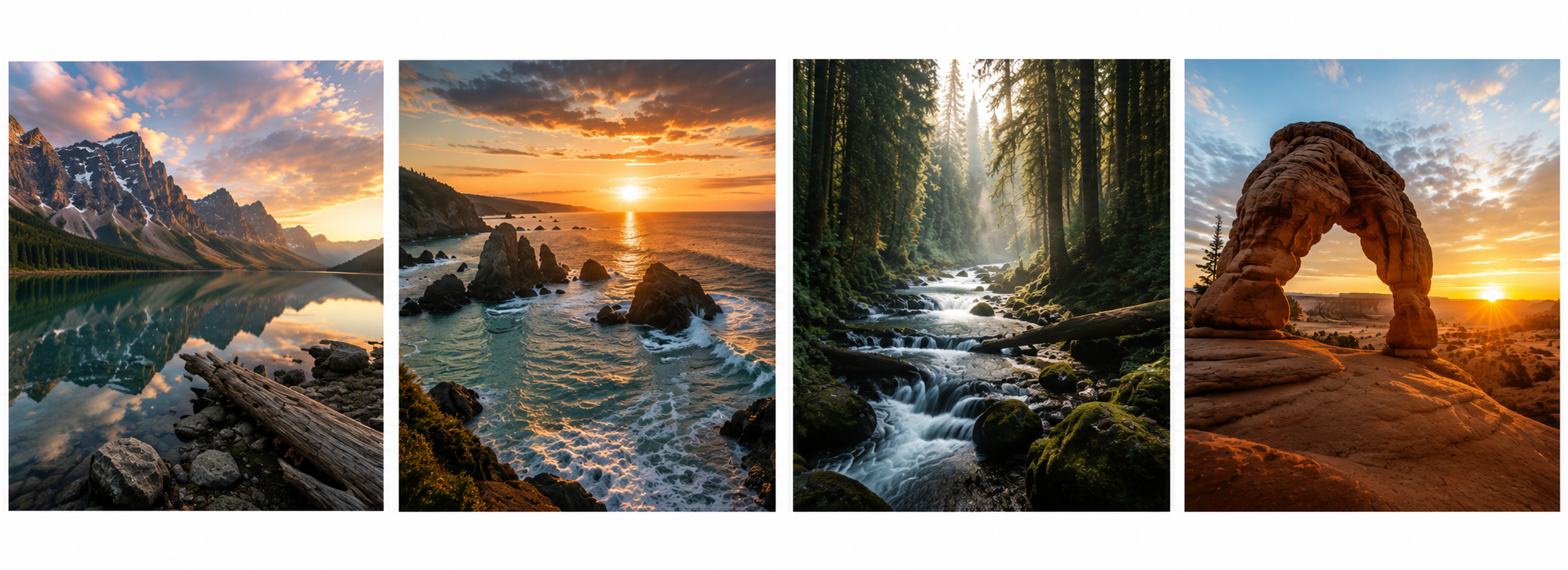 Original fine art landscape photography collection by Bongi Enterprises featuring mountains, coastlines, forests, and desert landscapes.