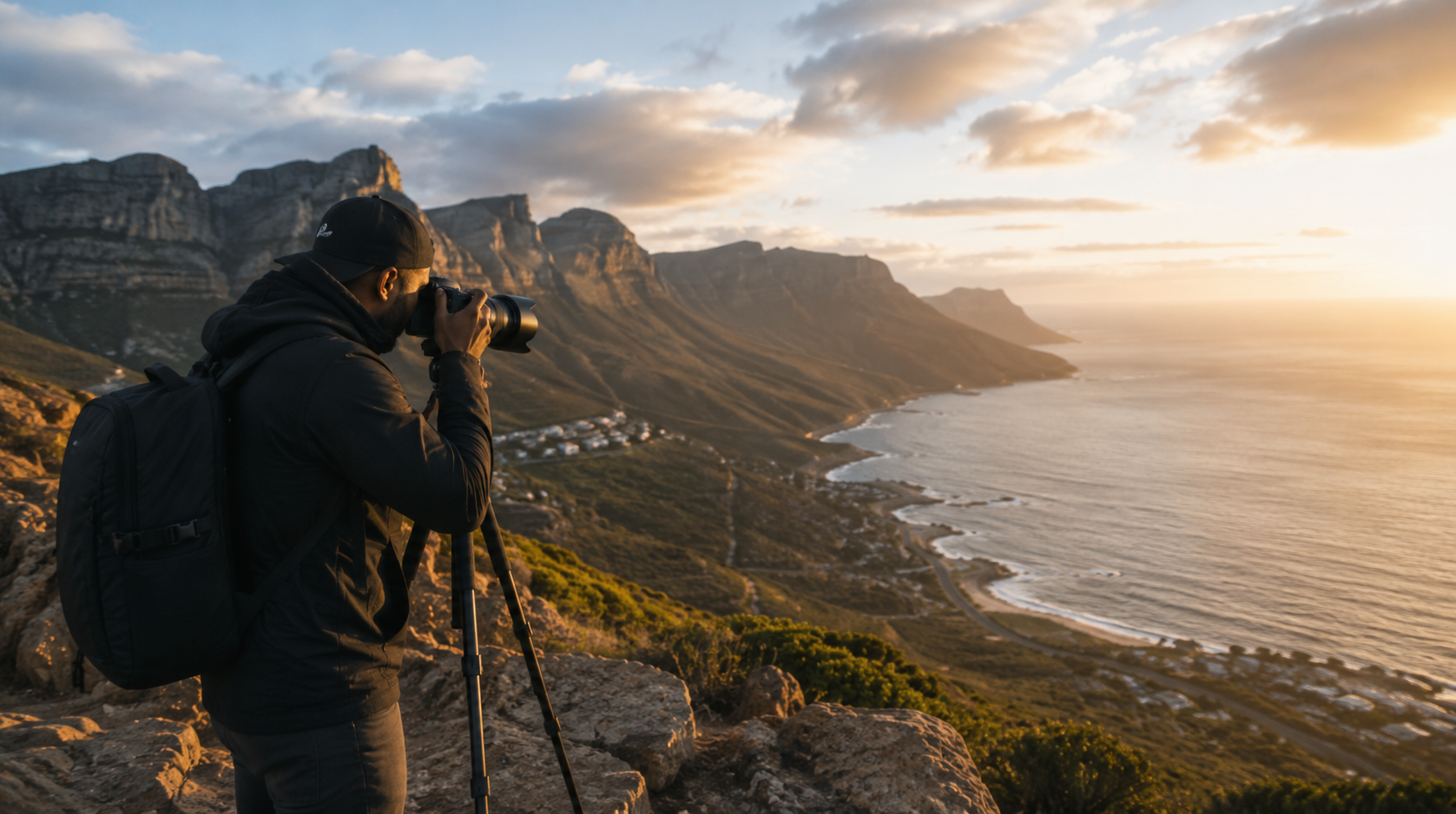 Photographer capturing a coastal sunset with a professional camera for the Fine Art Photography collection by Bongi Enterprises.