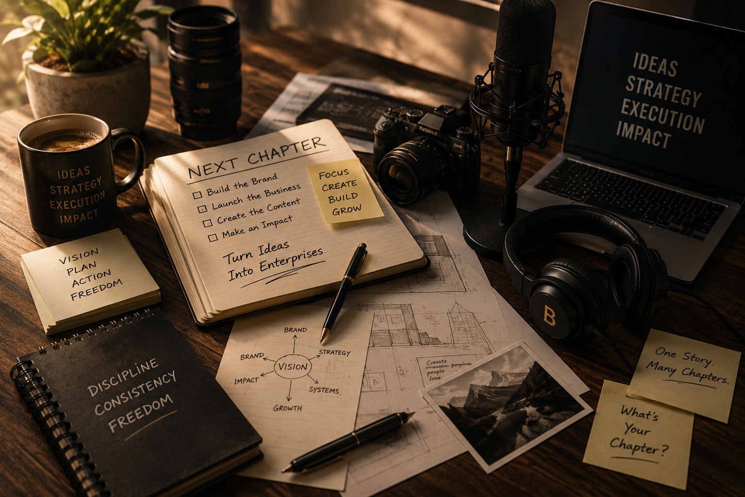 Workspace illustrating business planning, creative strategy, and entrepreneurship through Start Your Chapter by Bongi Enterprises.