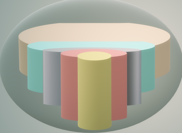 Abstract illustration of multicolored cylindrical bars arranged in a semi-circle with a dome-shaped background.