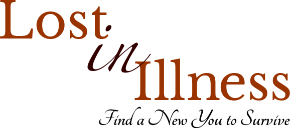 Text reading 'Lost in Illness, Find a New You to Survive' in various fonts and sizes.