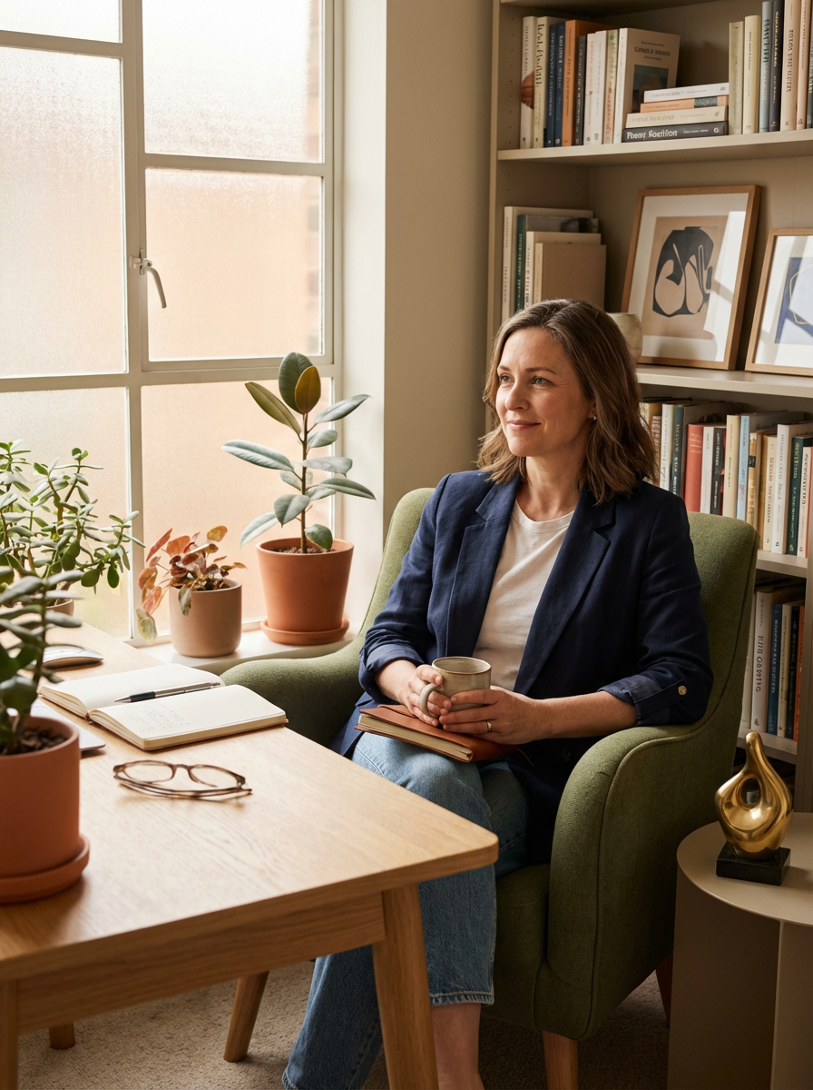 A woman sitting in a green armchair in a cozy, well-lit room with a bookshelf filled with books behind her. She is holding a mug, with glasses, an open notebook, and a book on her lap. Plants are on the window sill and a decorative gold sculpture is on a side table.