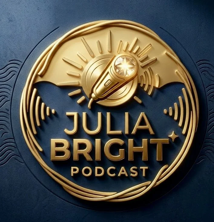 Gold circular logo with a stylized microphone at the top, radiating lines, the text 'Julia Bright Podcast' in bold gold letters, set against a dark blue background.