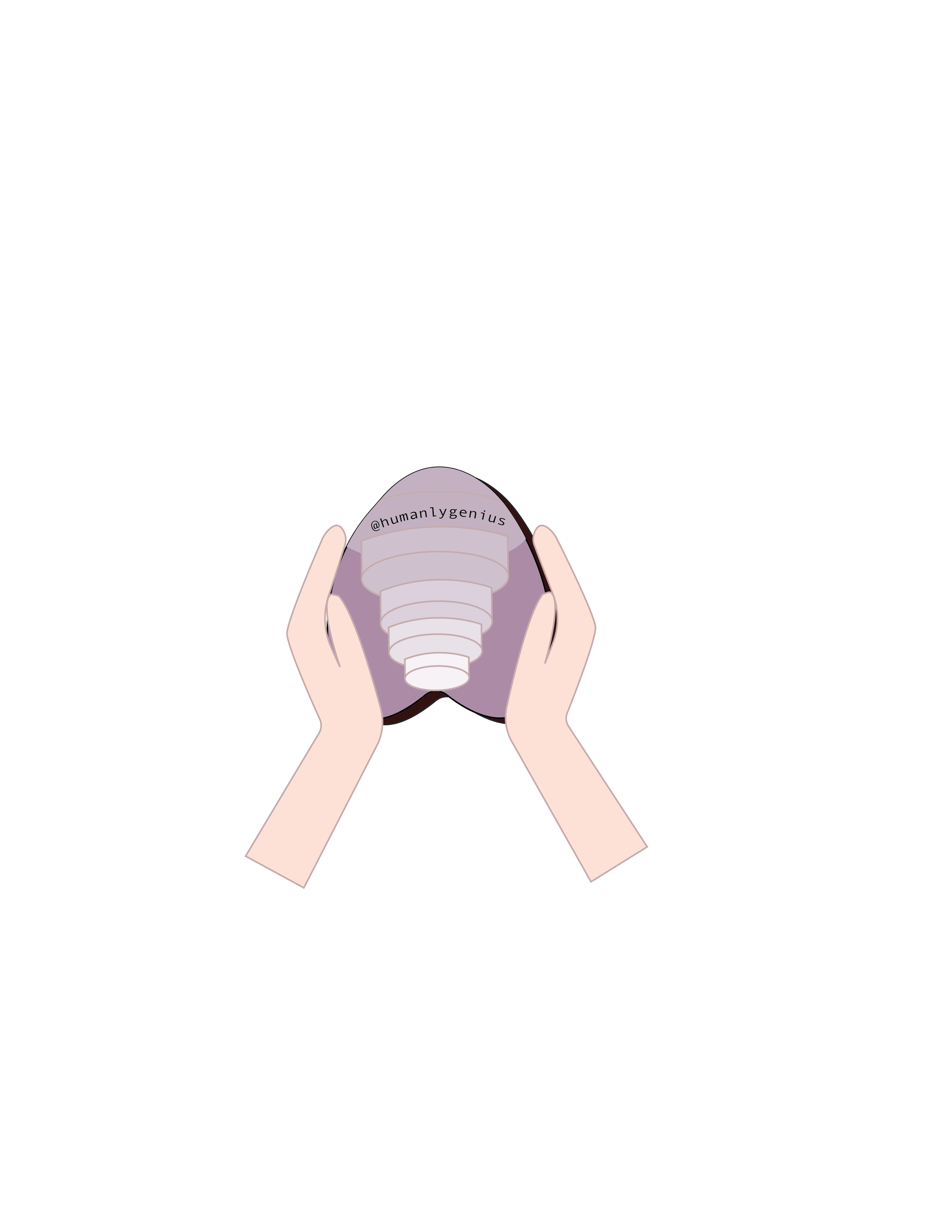 Hands holding a purple and cream layered seashell with the Instagram handle '@humanygenuis' written on it.