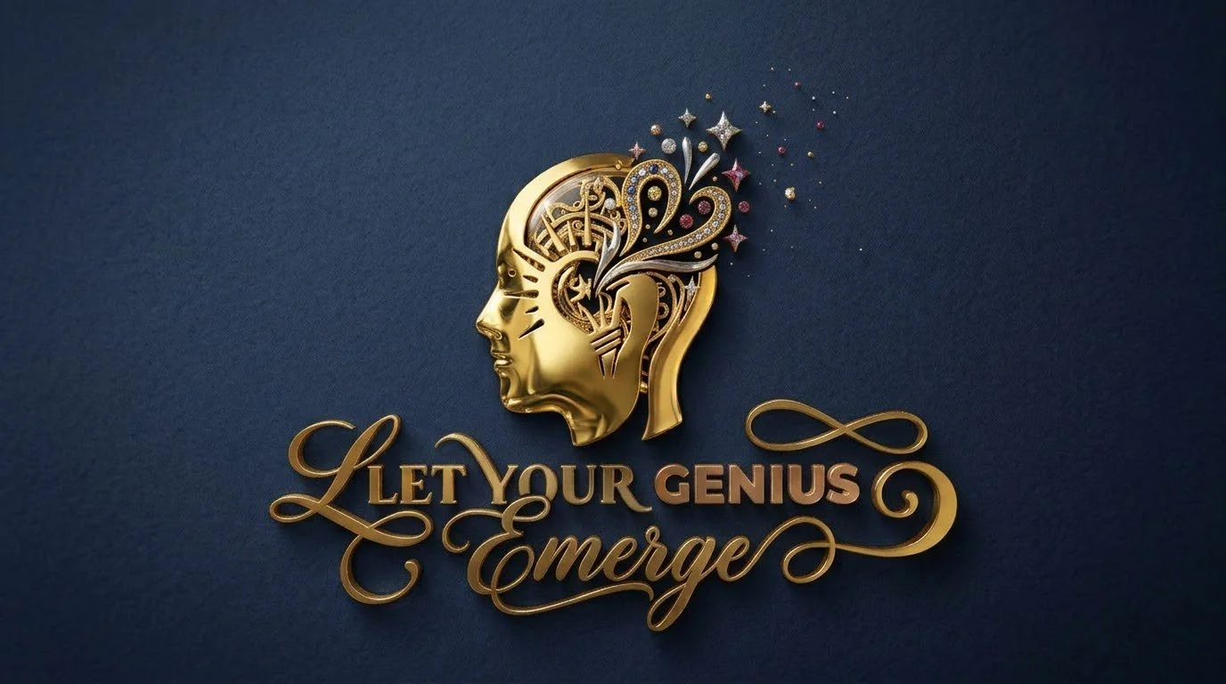 Gold face profile with intricate patterns and flowing design, surrounded by stars and sparkles, with the phrase "Let Your Genius Emerge" in decorative gold lettering on a dark background.