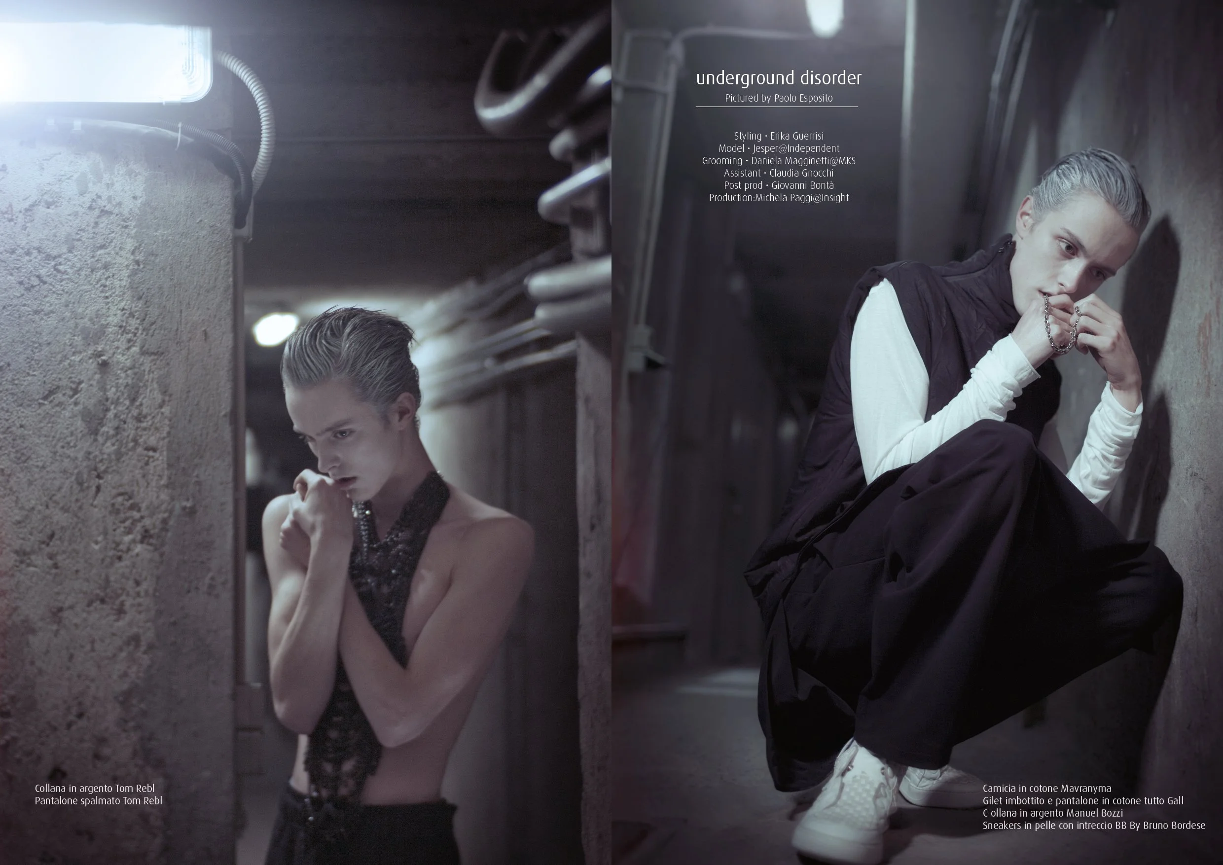 Dittico editoriale con layering bianco e nero e gioielli metallici in un ambiente sotterraneo, serie Underground Disorder di Paolo Esposito.