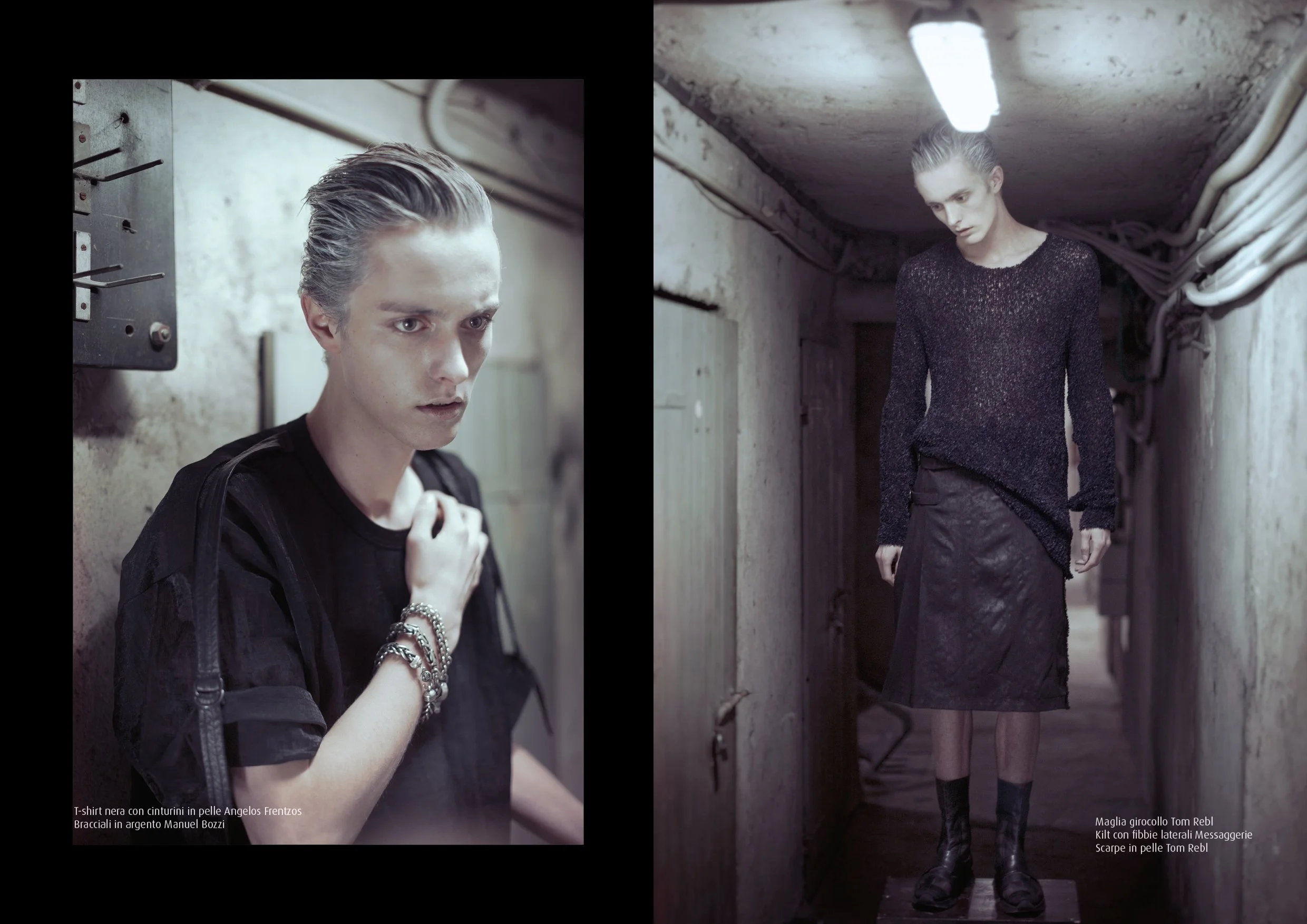 Dittico fashion con ritratto ravvicinato e figura intera in total black sotto luce al neon, serie Underground Disorder di Paolo Esposito.