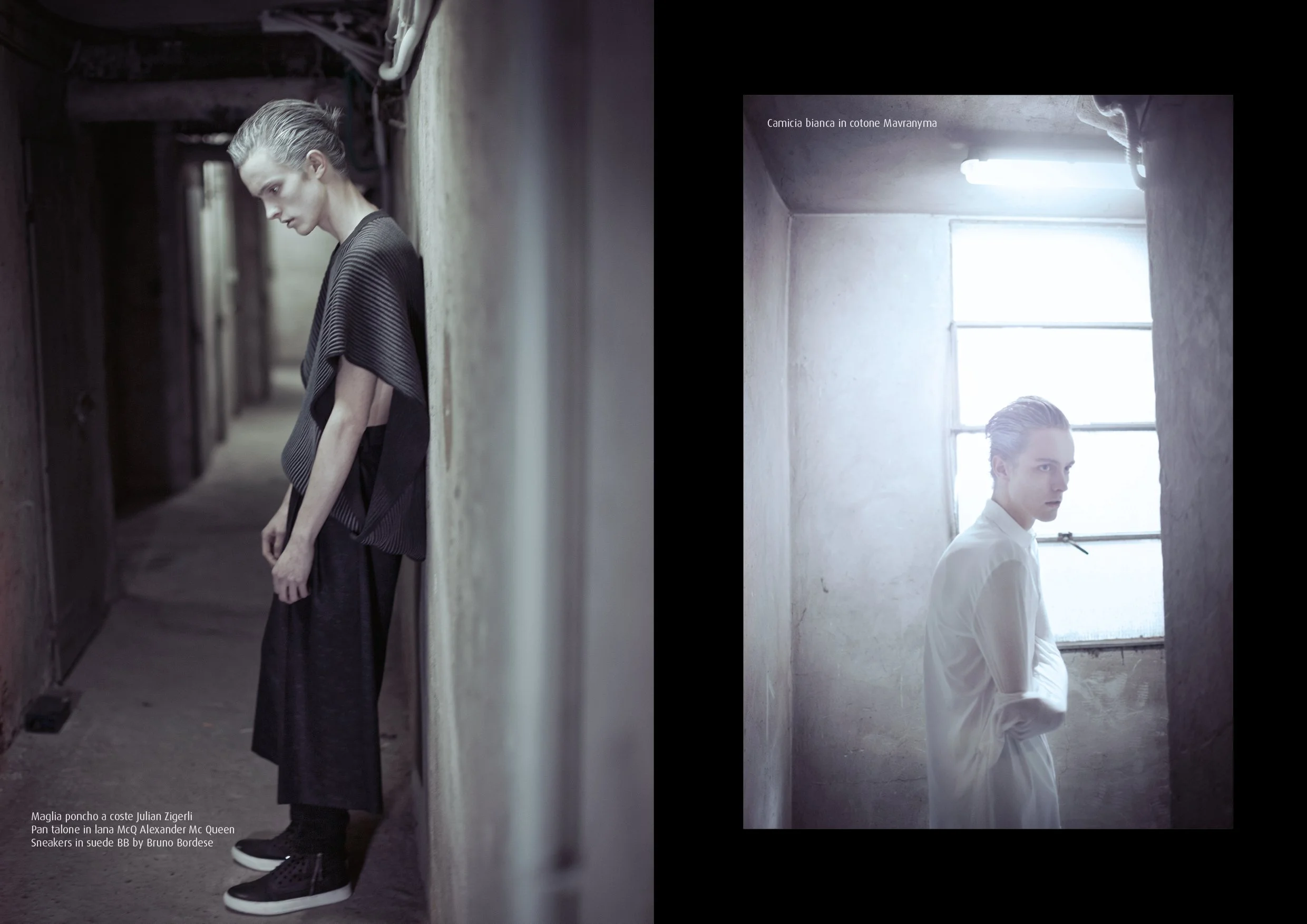 Dittico editoriale con modello in look scuro e camicia bianca fotografato in corridoi sotterranei, serie Underground Disorder di Paolo Esposito.