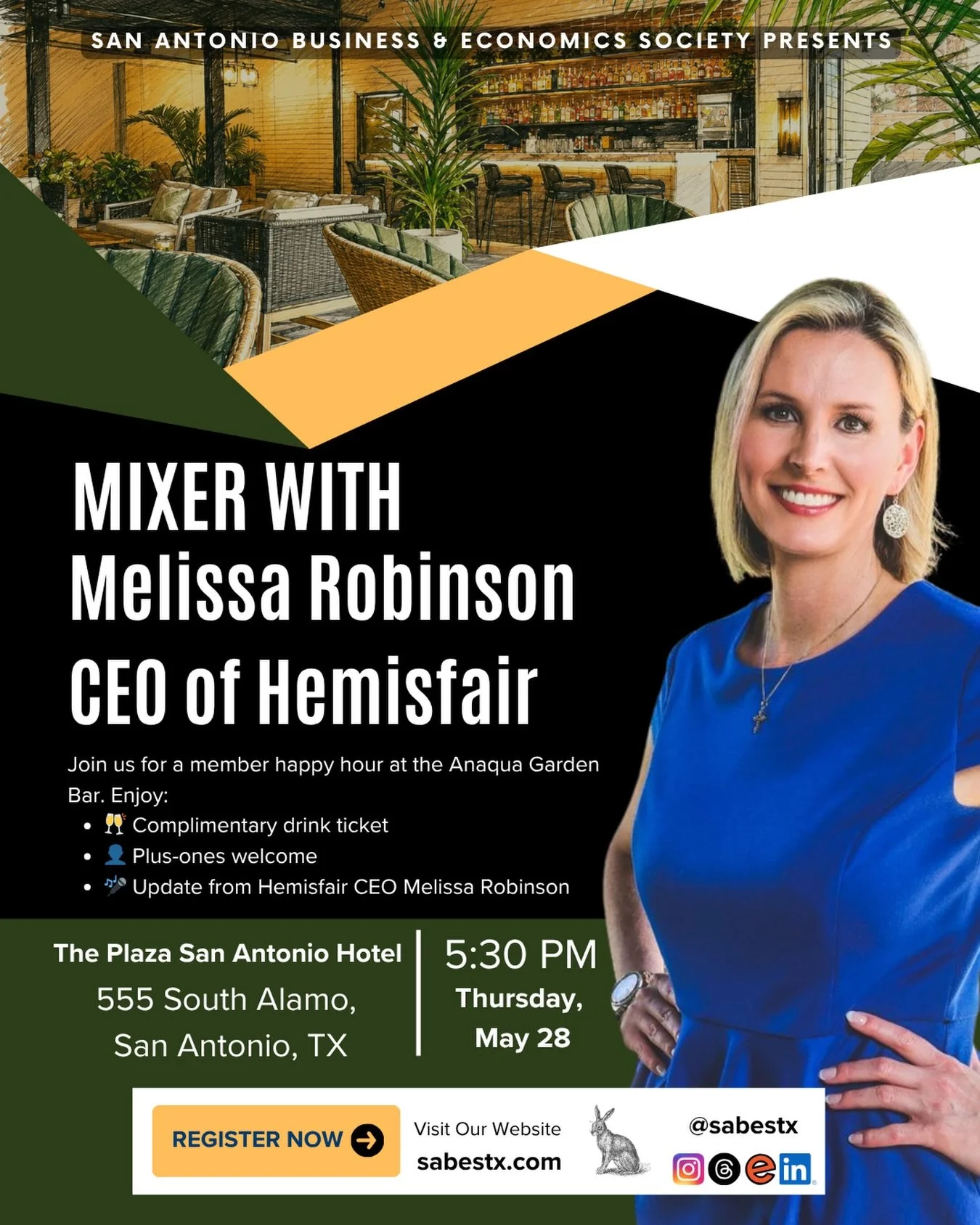 Join us for a member happy hour featuring remarks from Hemisfair CEO Melissa Robinson &mdash; just across Alamo Street at the Anaqua Garden Bar inside the Plaza San Antonio Hotel.

🥂 Complimentary drink ticket for members
👤 Plus-ones welcome
🎤 Upd