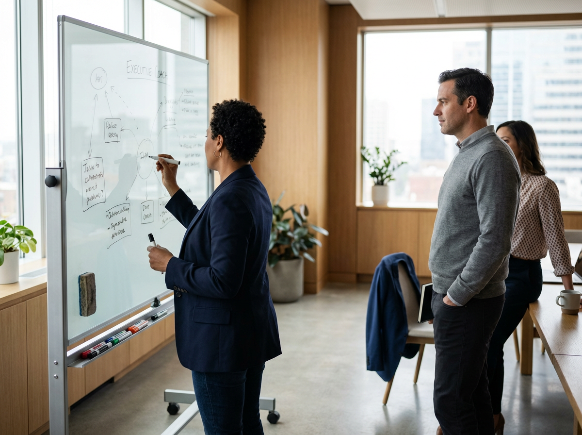 A woman in a dark blue blazer is writing on a whiteboard in a modern office, while two colleagues observe. The office has large windows with city views, wooden paneling, and plants.