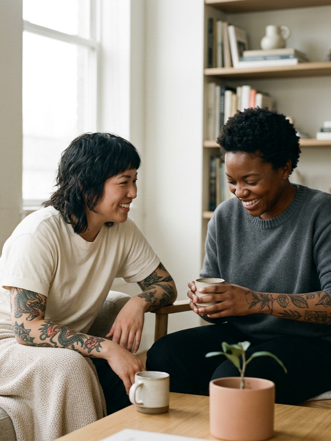 Two women sitting on a couch, smiling and chatting, holding cups, with a potted plant and bookshelves in the background.