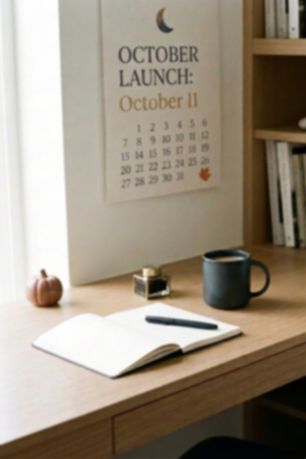 A desk with an open notebook, a black pen, a dark blue mug, a small pumpkin, and a letter stamp, with a calendar on the wall displaying October 11, and a bookshelf on the right.