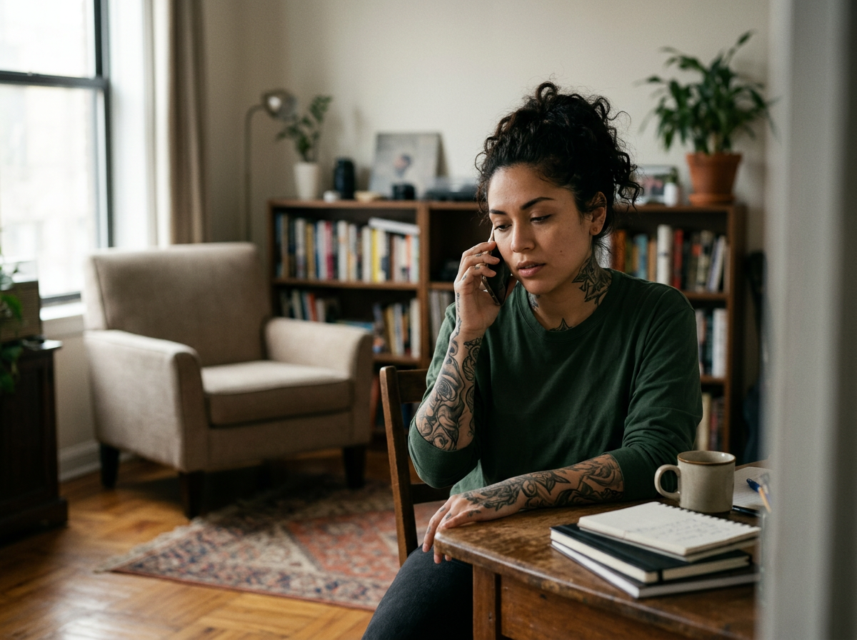 A woman with tattoos and dark hair, wearing a green shirt, sits at a wooden table talking on the phone in a cozy, well-lit living room with bookshelves, a beige armchair, and plants.