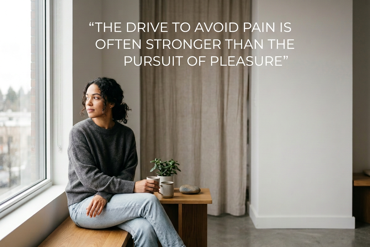 A woman sitting on a wooden bench by a large window holding a cup, with a quote overlayed that reads, 'The drive to avoid pain is often stronger than the pursuit of pleasure.'