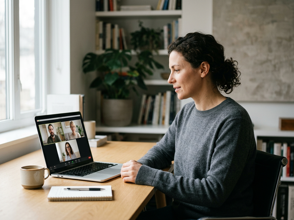 A woman participating in a video conference call on her laptop, sitting at a wooden desk in a well-lit room with books and plants in the background.