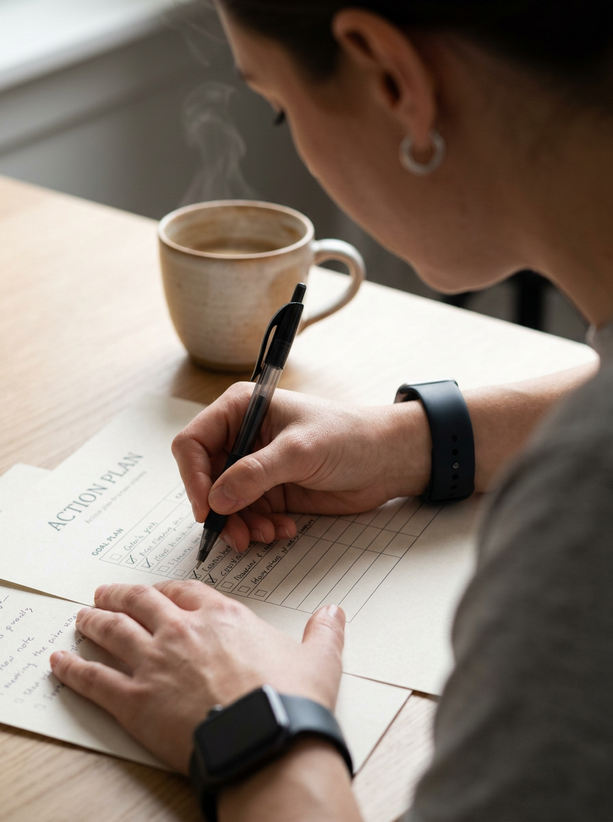 Woman writing on an action plan checklist at a wooden desk with a steaming coffee mug nearby.