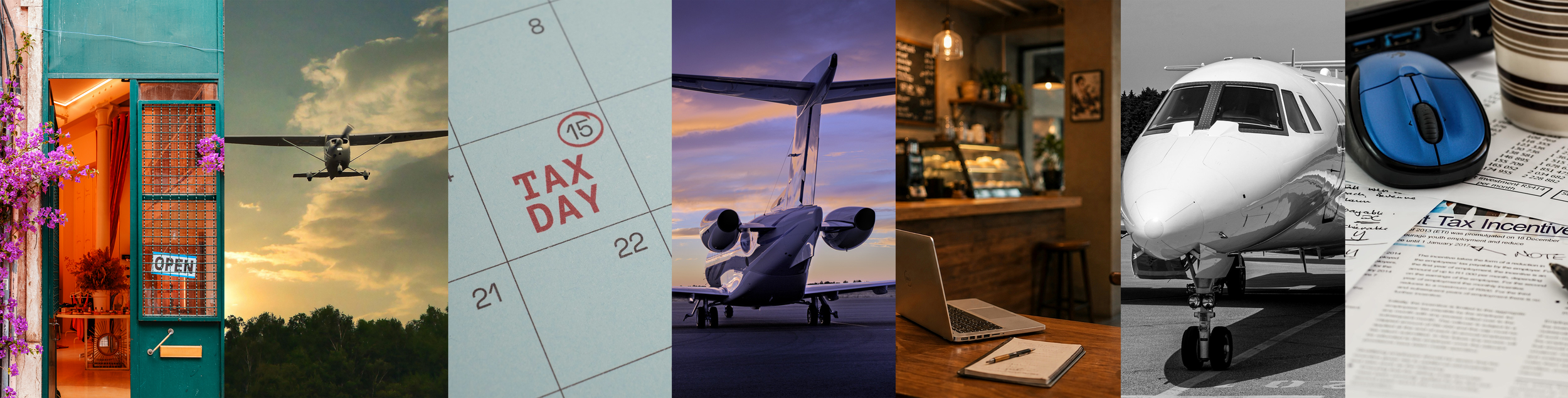 Collage of small businesses, aviation, and tax season scenes representing the clients Gragg Accounting & Tax serves