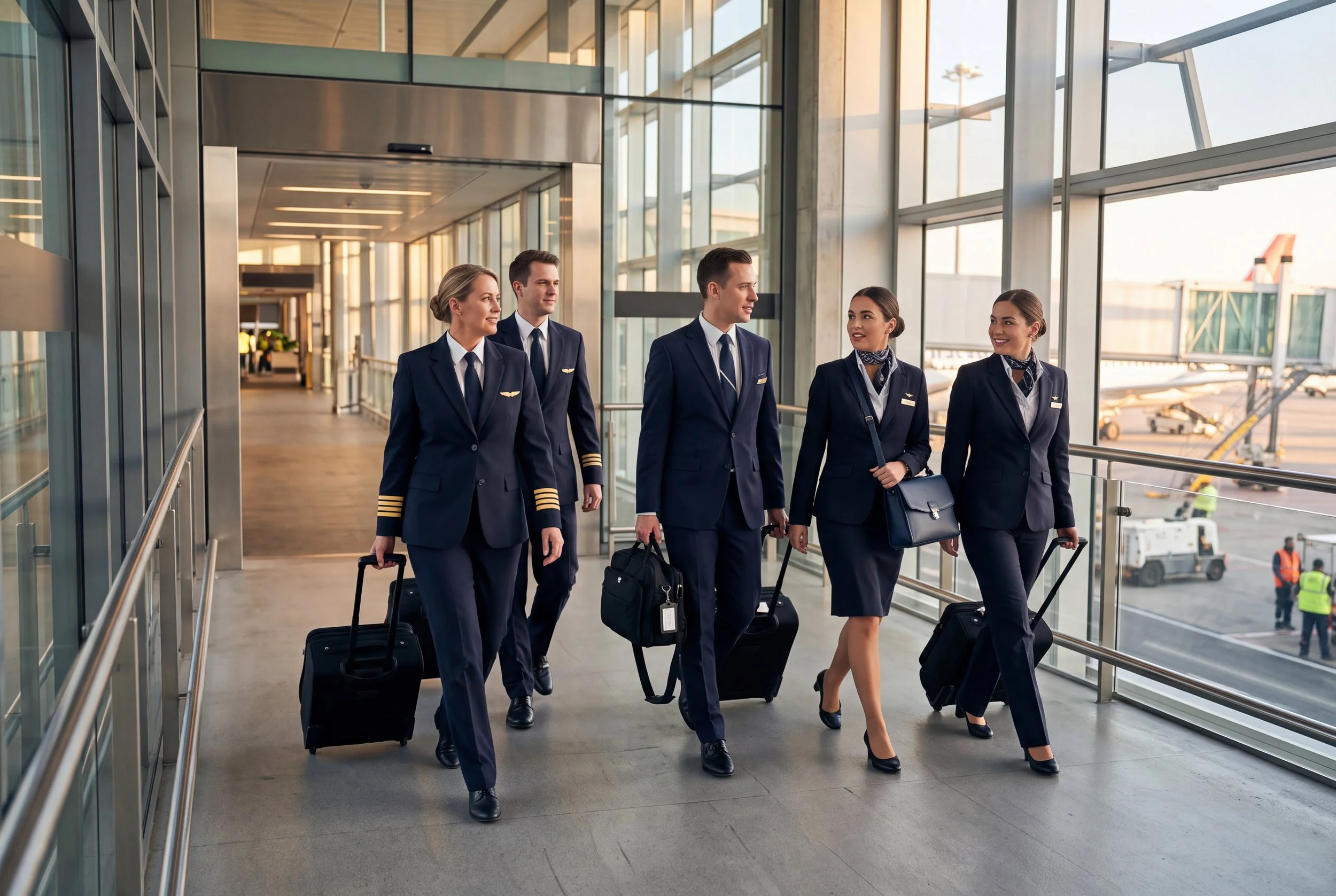 Airline crew walking through an airport terminal with rolling luggage