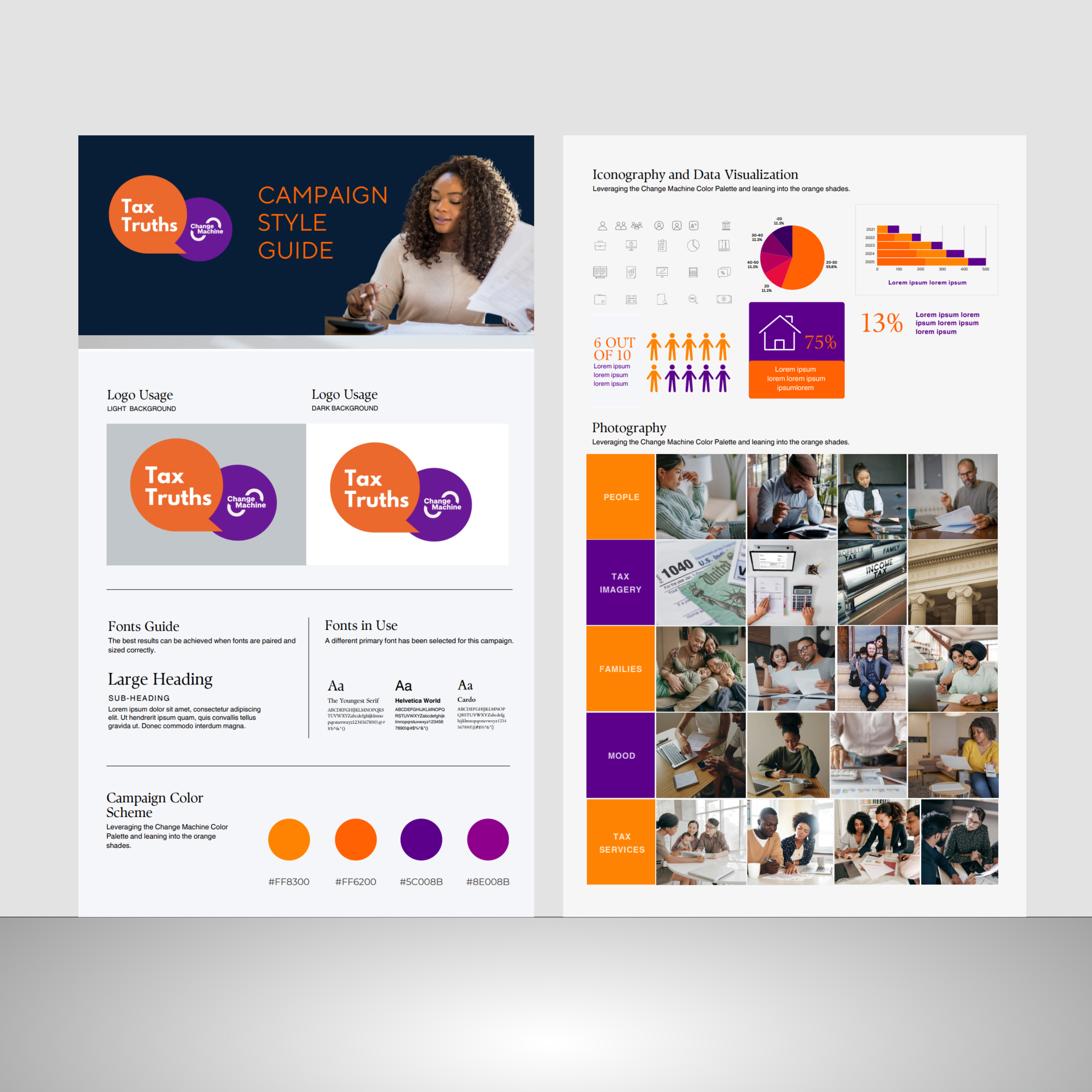 A presentation slide with a woman in a white shirt, sitting at a desk, looking at papers, on a dark background. The slide contains various charts, icons, and text about campaign style guides, logo usage, fonts, colors, imagery, and services. The color palette at the bottom includes orange, dark purple, and light purple shades.