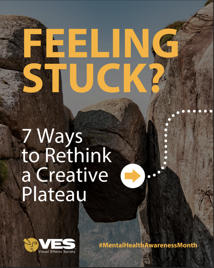 A graphic with a large boulder between two cliffs, with text overlay reading 'Feeling Stuck? 7 Ways to Rethink a Creative Plateau' and a hashtag '#MentalHealthAwarenessMonth', promoting mental health awareness.