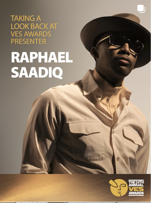 A promotional poster for the 24th Annual VES Awards featuring Raphael Saadiq as the presenter. The poster shows Raphael Saadiq wearing sunglasses, a beige shirt, and a hat, with text in yellow and white on a plain background.