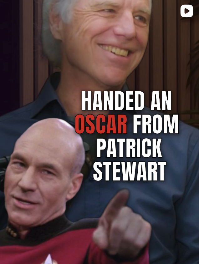 A humorous image showing a smiling man in the background and a bald man in the foreground, with text overlay that reads, "Handed an Oscar from Patrick Stewart."