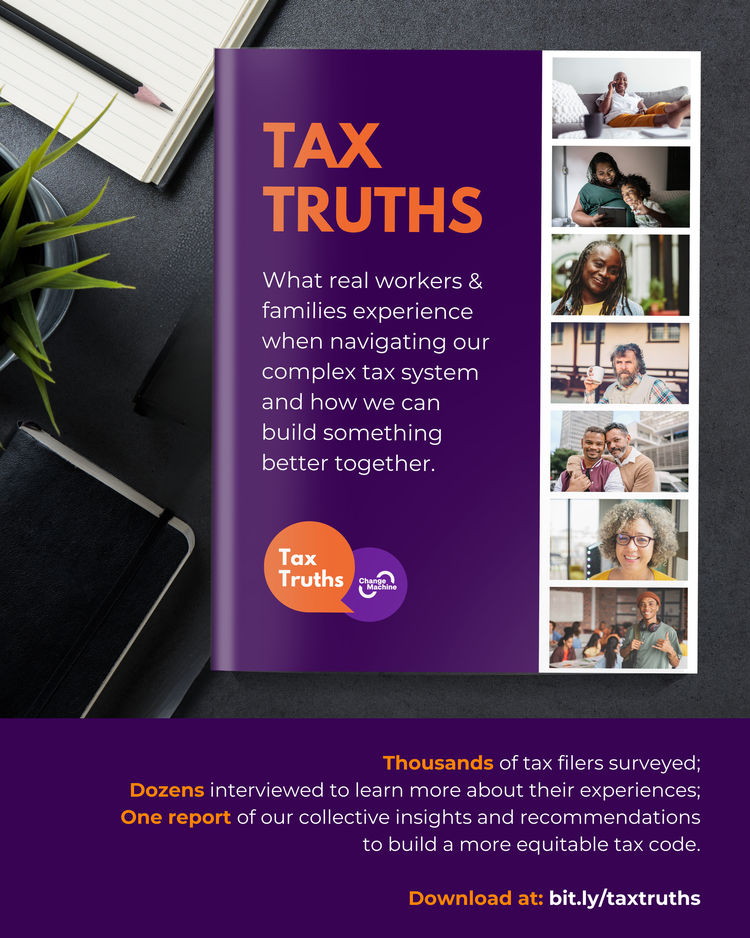 Cover of a report titled "Tax Truths" with images of diverse people, including a senior man, a family, a woman, and young adults, on the right side. The report discusses experiences of workers and families navigating the tax system.