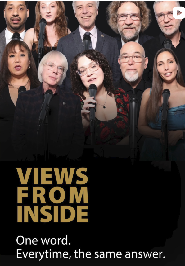 Group of diverse people standing close together, holding microphones, in a promotional image for a show titled 'VIEWS FROM INSIDE' with a tagline 'One word. Everytime, the same answer.'