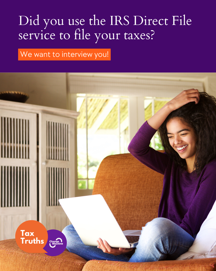 A young woman sitting on an orange couch, smiling while using a laptop, with sunlight coming through a window in a cozy living room. There is text on the image that asks if you used the IRS Direct File service to file taxes, with a call to action to interview you, and a small graphic that says Tax Truths.