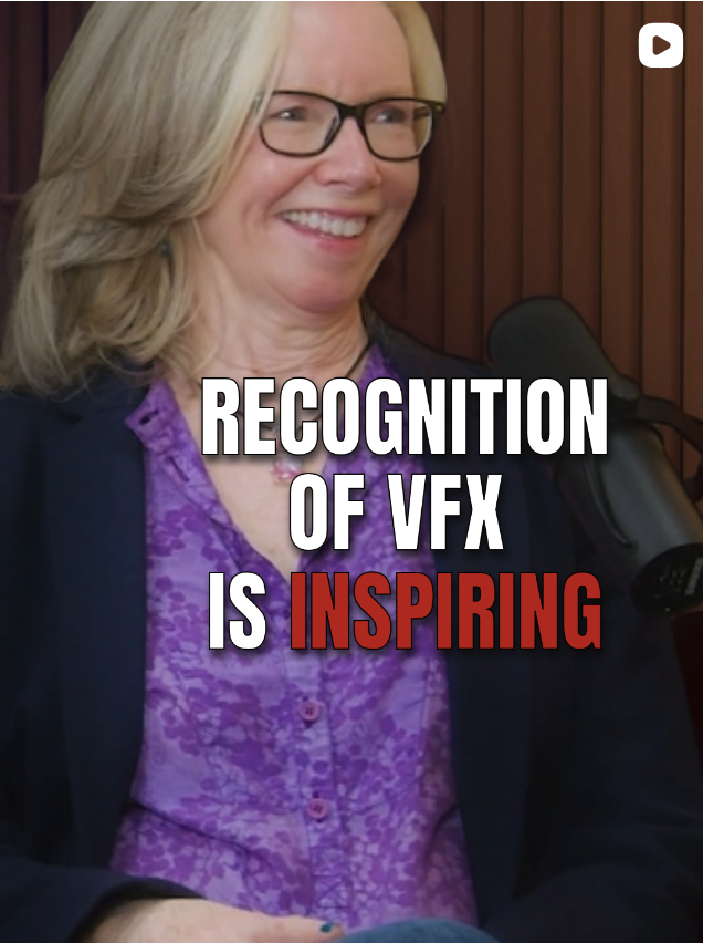 A woman with blonde hair, glasses, and a purple blouse is smiling during an interview or speech, with a microphone nearby. The image has an overlay text that says 'Recognition of VFX is inspiring.'