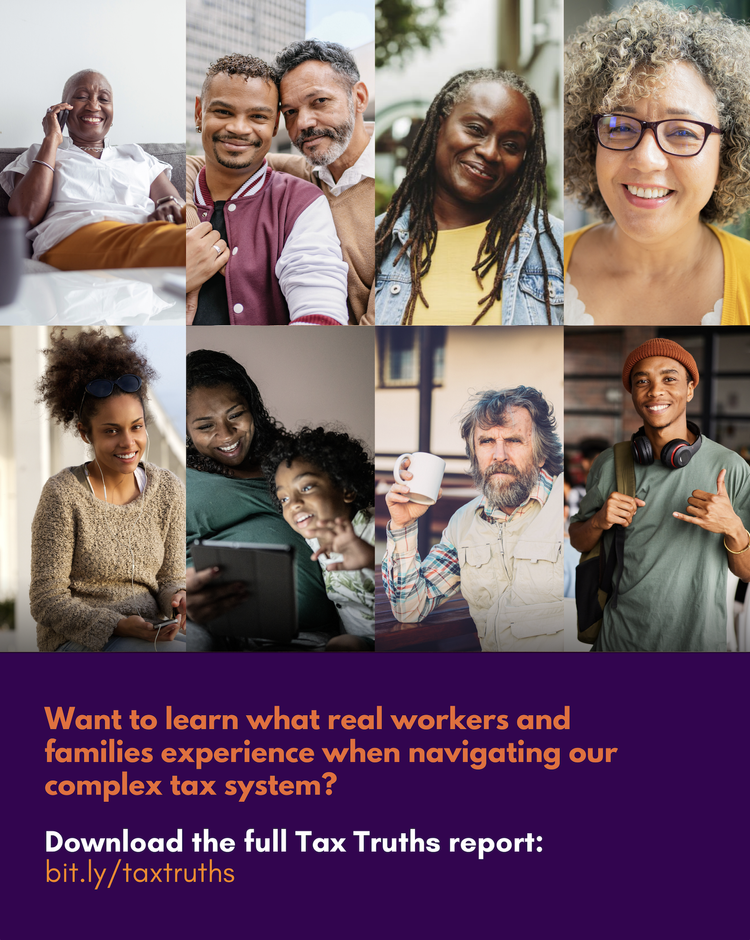 Collage of diverse people, including seniors, young adults, and children, smiling outdoors and indoors, with a text overlay about learning about taxpayers' experiences with the tax system and a link to download a report.