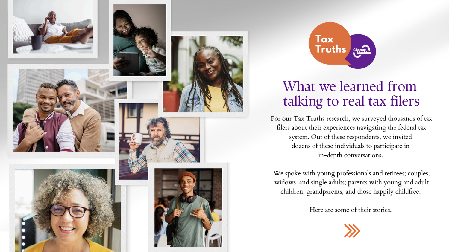 Collage of diverse individuals engaging in everyday activities, with a text overlay on a white background discussing lessons from talking to real tax filers.