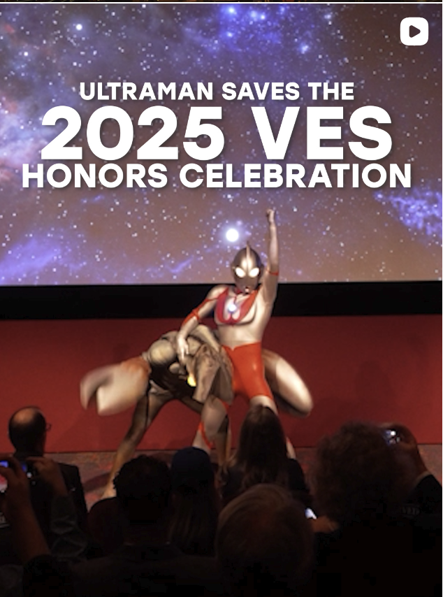 A person dressed as Ultraman performing on stage during the 2025 VES Honors Celebration, with a large screen behind displaying the event's name and a starry galaxy background.