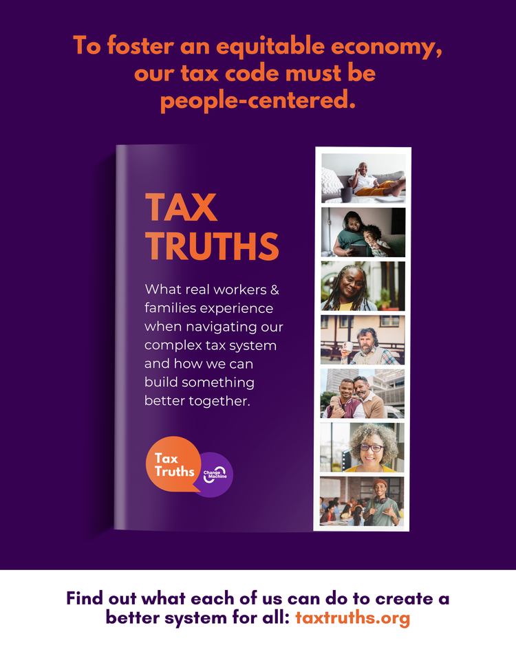 Poster promoting tax justice, featuring a book titled 'Tax Truths,' with images of diverse people, and text about building a people-centered tax system.