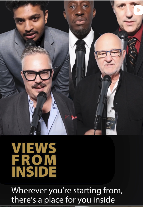 Group of five men in business attire holding microphones in a dark setting, with a black section at the bottom containing gold and white text that reads 'VIEWS FROM INSIDE' and the smaller white text 'Wherever you're starting from, there's a place for you inside.'