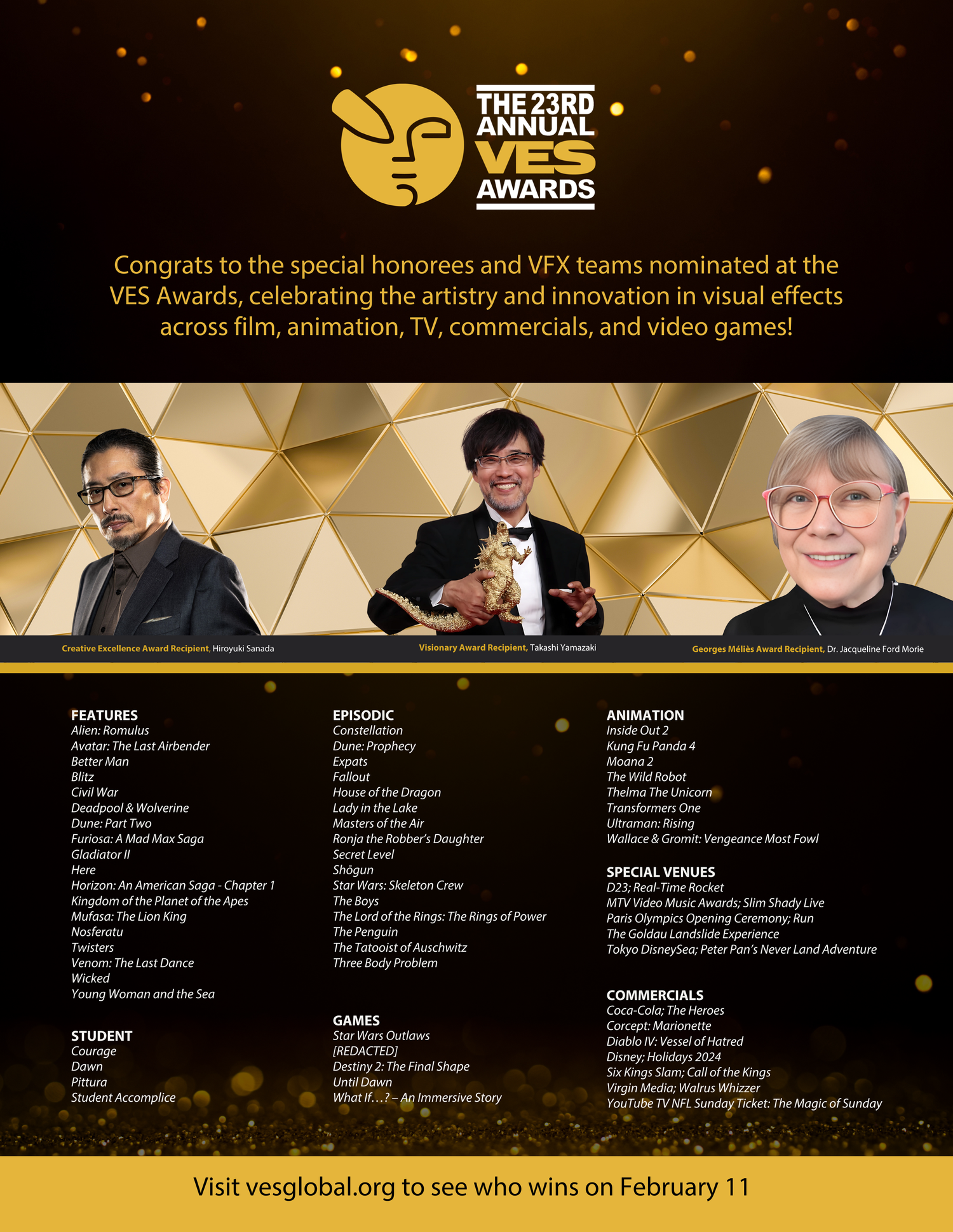 An award ceremony celebrating the 23rd Annual VES Awards with portraits of three award recipients and a list of winners and features.
