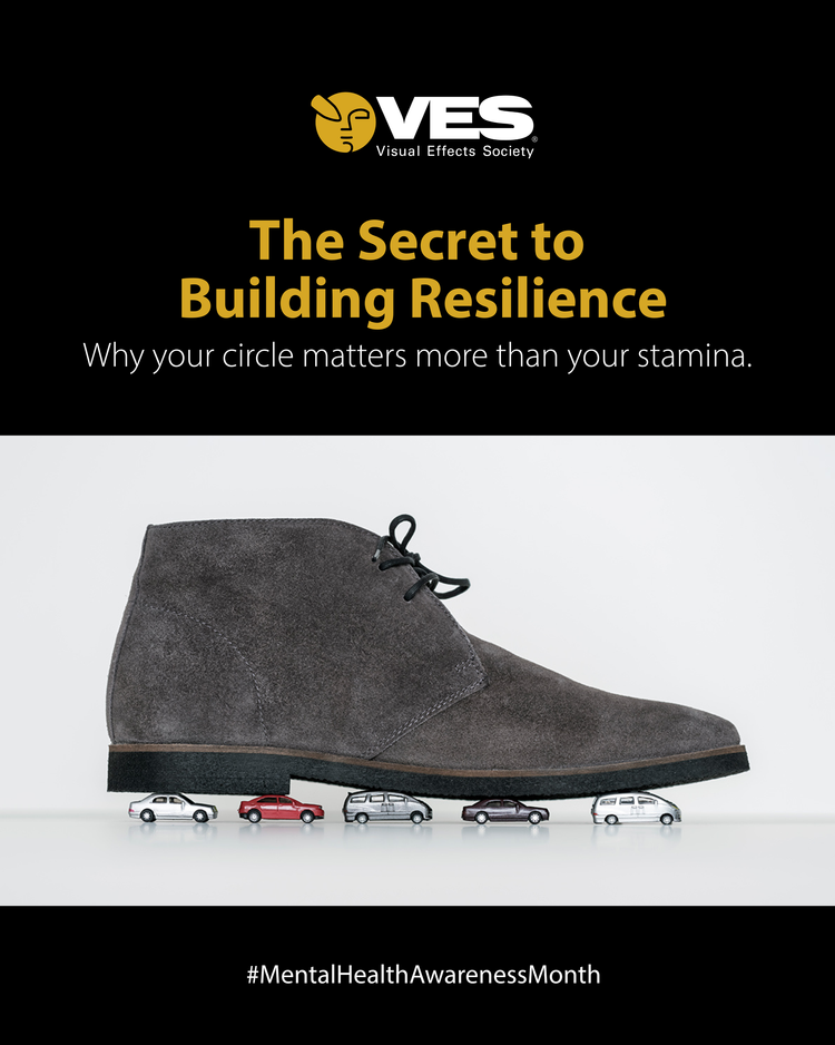 A grey shoe with mini cars under it, symbolizing support and resilience, with text about building resilience and mental health awareness.