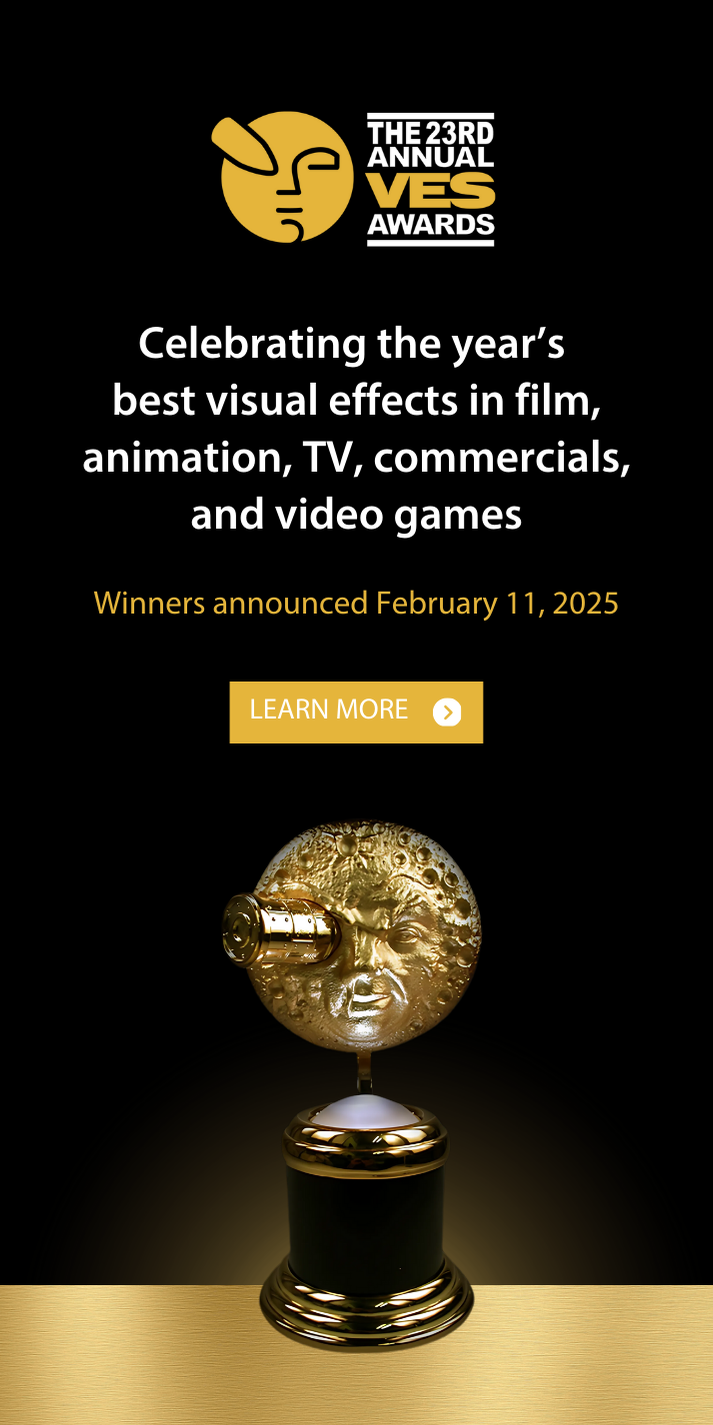 Promotional graphic for the 23rd Annual VES Awards celebrating best visual effects in film, animation, TV, commercials, and video games, with a gold Oscar-like statuette featuring a moon face and telescope, set against a black background.