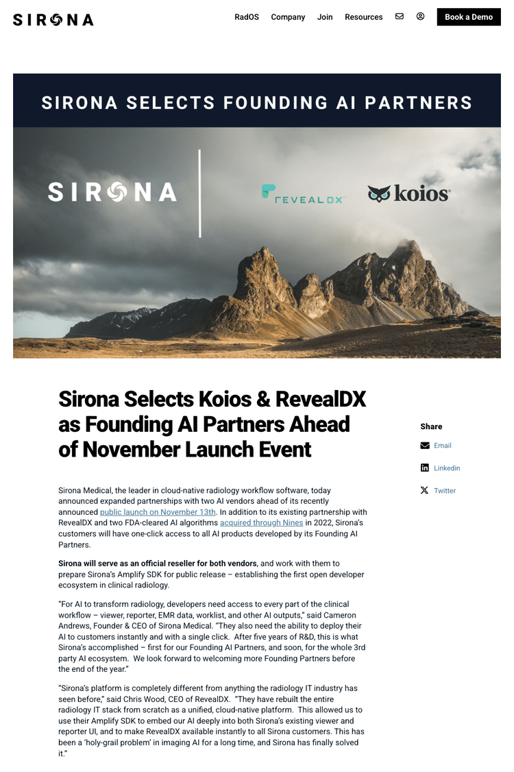 Screenshot of a website announcement about Sirona selecting Koios and RevealDX as founding AI partners, featuring their logos and a mountain landscape background.