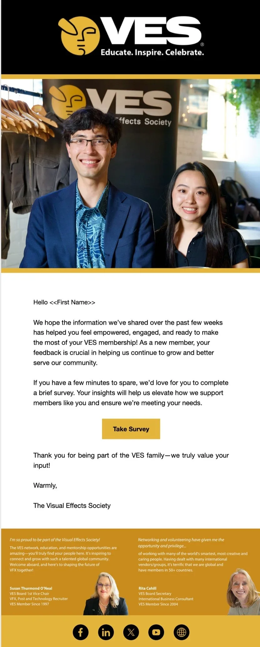 A promotional poster for the Visual Effects Society (VES) featuring two people, one man and one woman, smiling in front of a VES banner. The poster includes a message thankings members and encouraging completing a survey, with photos of two women at the bottom and social media icons.