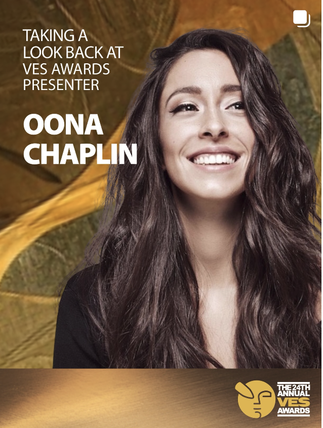 A young woman with long, wavy brown hair smiling at the camera, wearing a black top, with a background of colorful autumn leaves. Text on the image notes she is Oona Chaplin, a presenter at the VE'S Awards, taking a look back at the event.