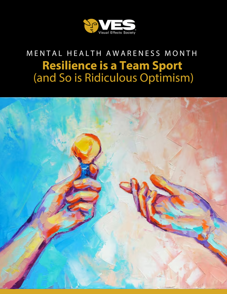 Colorful painting of two hands, one holding a light bulb and the other reaching toward it, representing ideas and hope.