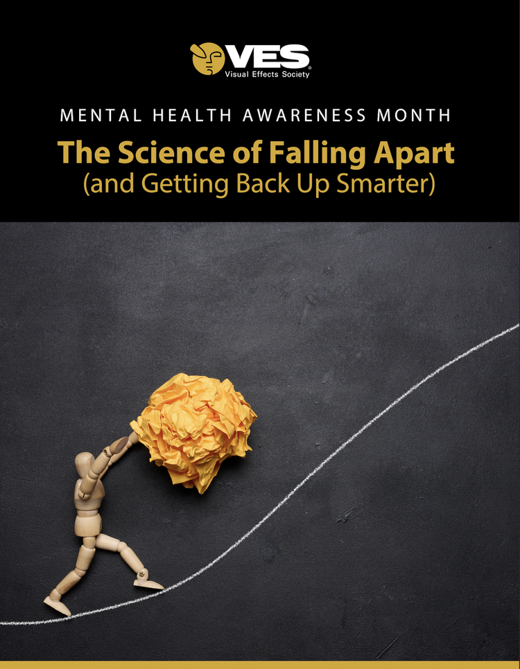 A wooden mannequin pushing a crumpled orange paper ball uphill on a chalk drawn graph line, symbolizing mental health struggles and progress.