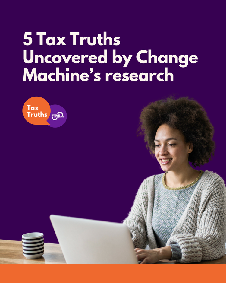 Woman using a laptop with a mug on a desk, purple background with white text about 5 tax truths uncovered by Change Machine's research.