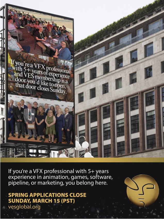 Outdoor billboard advertising VFX professional opportunities, with images of a conference and a group of professionals, and details about application deadline and website.