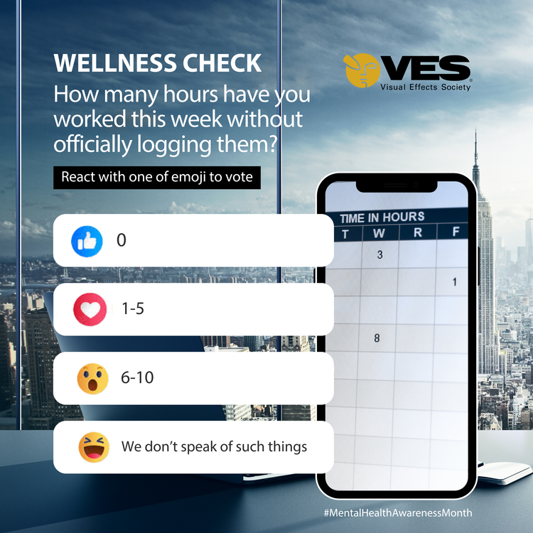 Social media poll asking about how many hours someone worked without logging, with emoji voting options from 0 to 10 or more, and a calendar showing hours worked each day of the week, in a city skyline background, promoting mental health awareness.