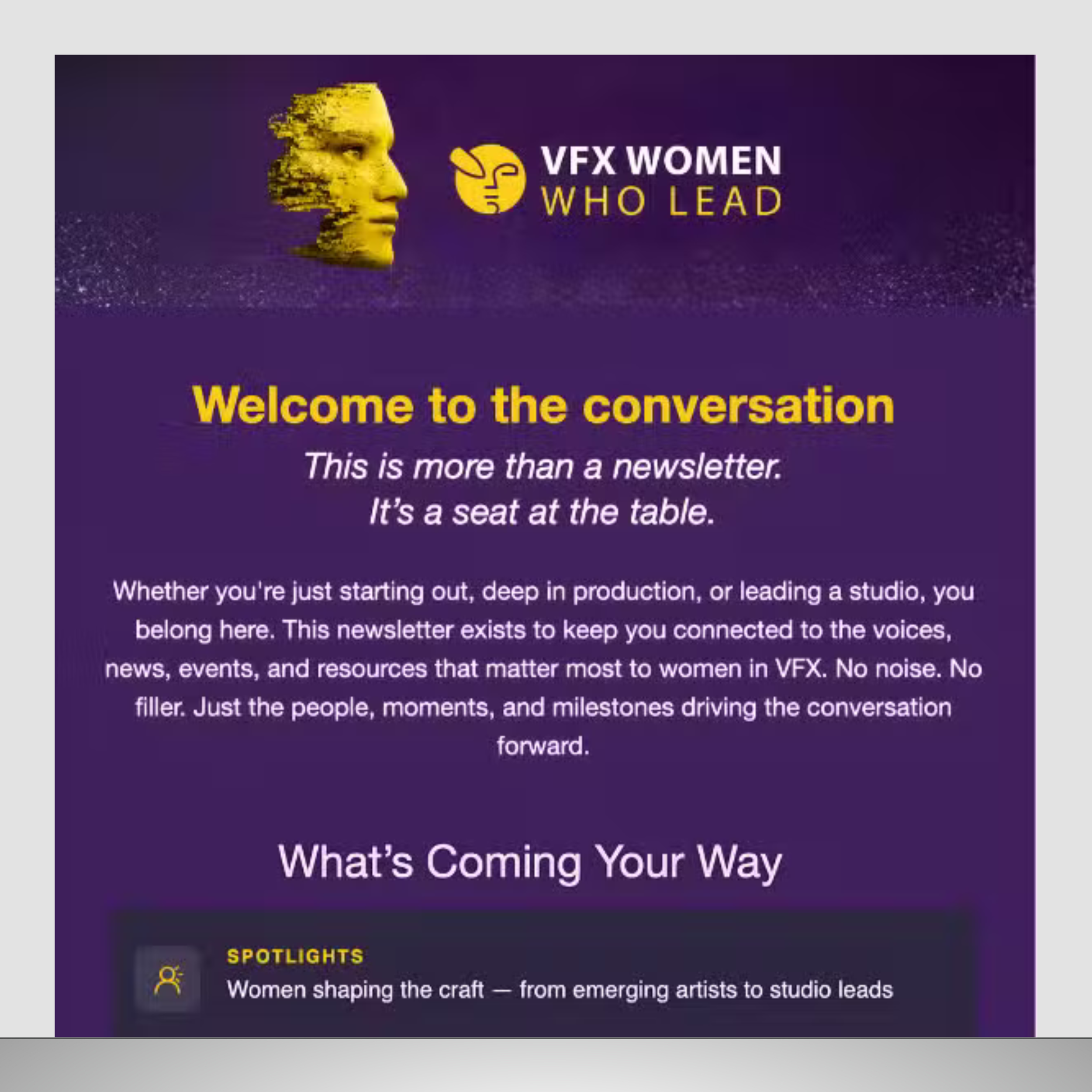 VFX Women Who Lead banner featuring a profile of a woman's face with a pixelated, glitch effect on the left side and purple background with yellow and white text.