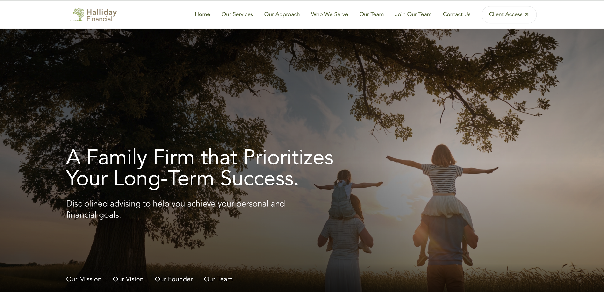 Homepage of Halliday Financial website featuring a family playing outside under a large tree at sunset, with the headline 'A Family Firm that Prioritizes Your Long-Term Success'.
